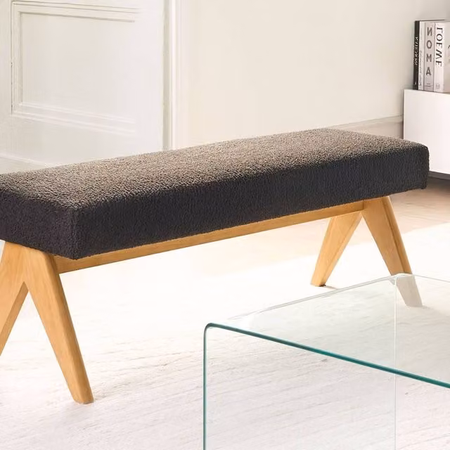 Wyld and Coco Black Bouclé Bench with Light Brown Rubberwood Legs W: 118 cm, D: 46 cm, H: 48 cm – 1