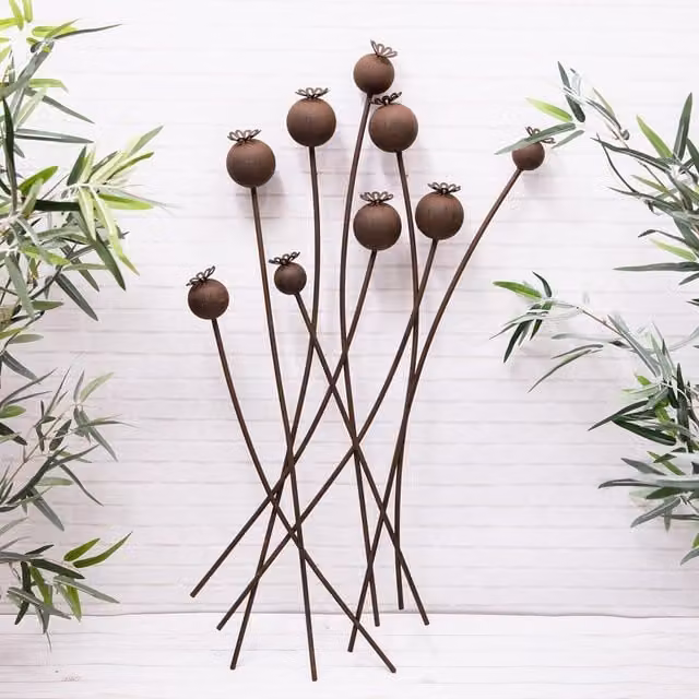 Annibells Large Rustic Poppy Head Metal Outdoor Wall Plaque in Brown