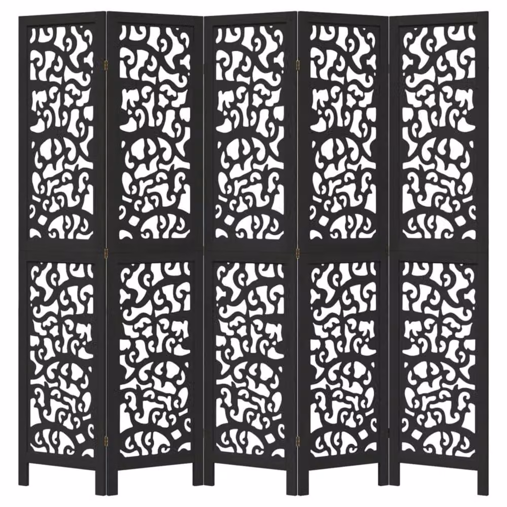 Berkfield Home 5-Panel Room Divider in Black Solid Paulownia Wood – 3