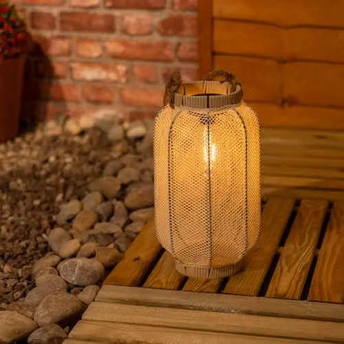 ValueLights Solar Powered Outdoor Lantern Garden Light in Beige and Black with Natural Mesh Fabric and LED Warm White Light – 3