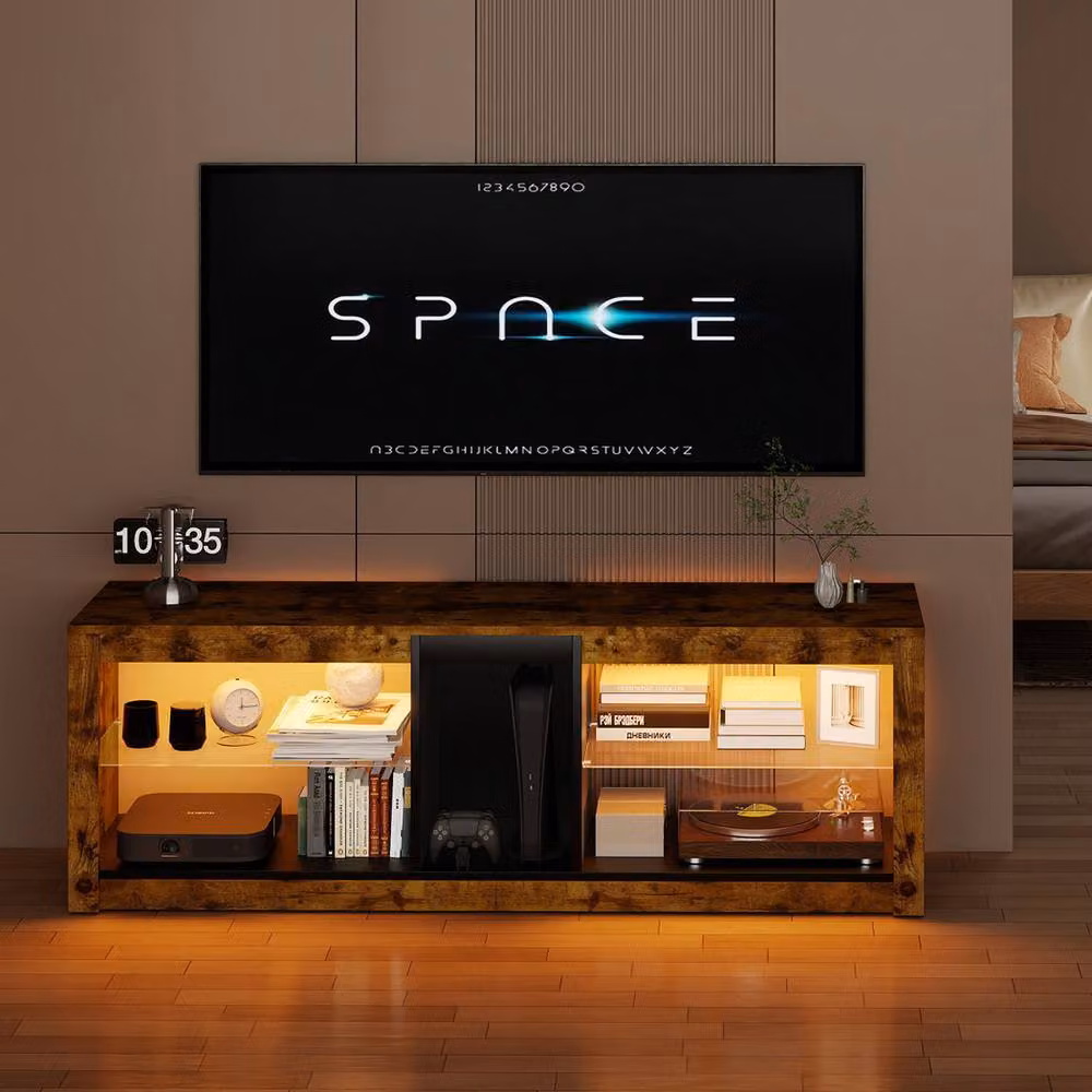 Levede Modern Brown TV Stand with RGB LED Lights and Glass Shelf, W: 140 cm, D: 47 cm, H: 47 cm – 3