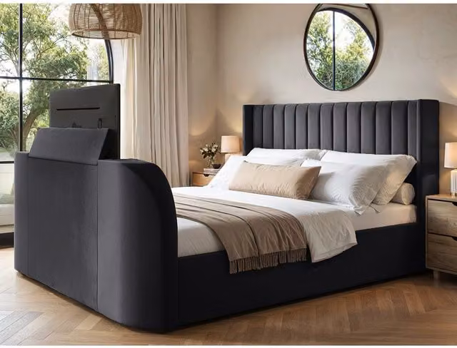 Flair Fallon TV Side Lift Ottoman Bed in Charcoal Grey Velvet, W/D/H: 200 x 160 x 118.5 cm (Super King)