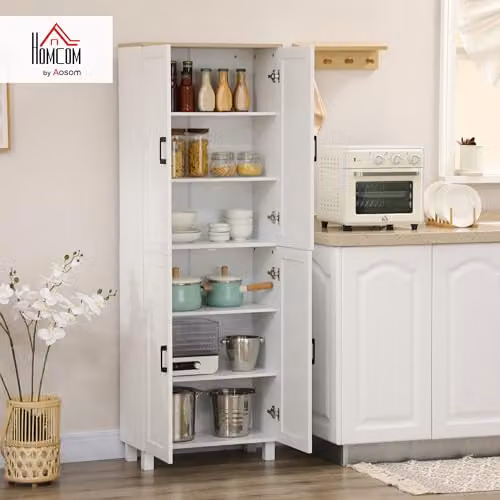 HOMCOM Modern Freestanding Kitchen Pantry Tall Unit with Hinged Doors and Internal Shelves, White, H x W x D: 170.5 x 60 x 30 cm – 2