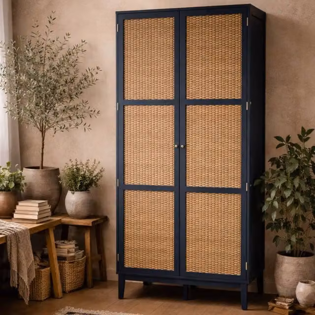 Wyld Haus Waterford Blue Oak and Rattan 2 Door Wardrobe, W: 100 cm, D: 55.5 cm, H: 180.6 cm – 1