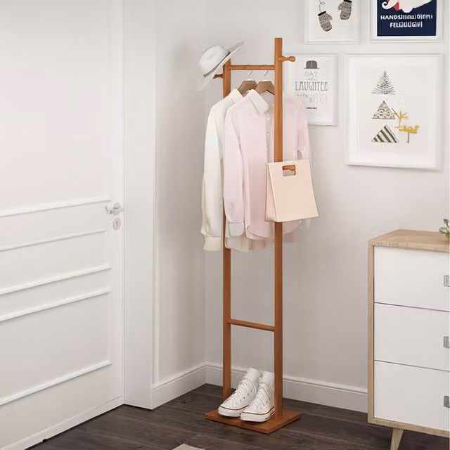 Komore Minimalist Slim Wooden Coat Rack with Hooks in Brown