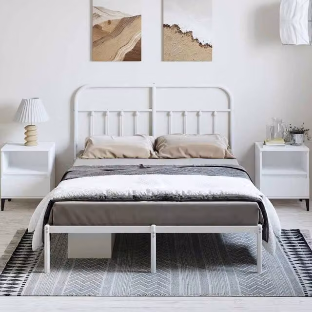 Berkfield Home Metal Bed Frame with Headboard in White, W/D/H: 150 x 200 cm
