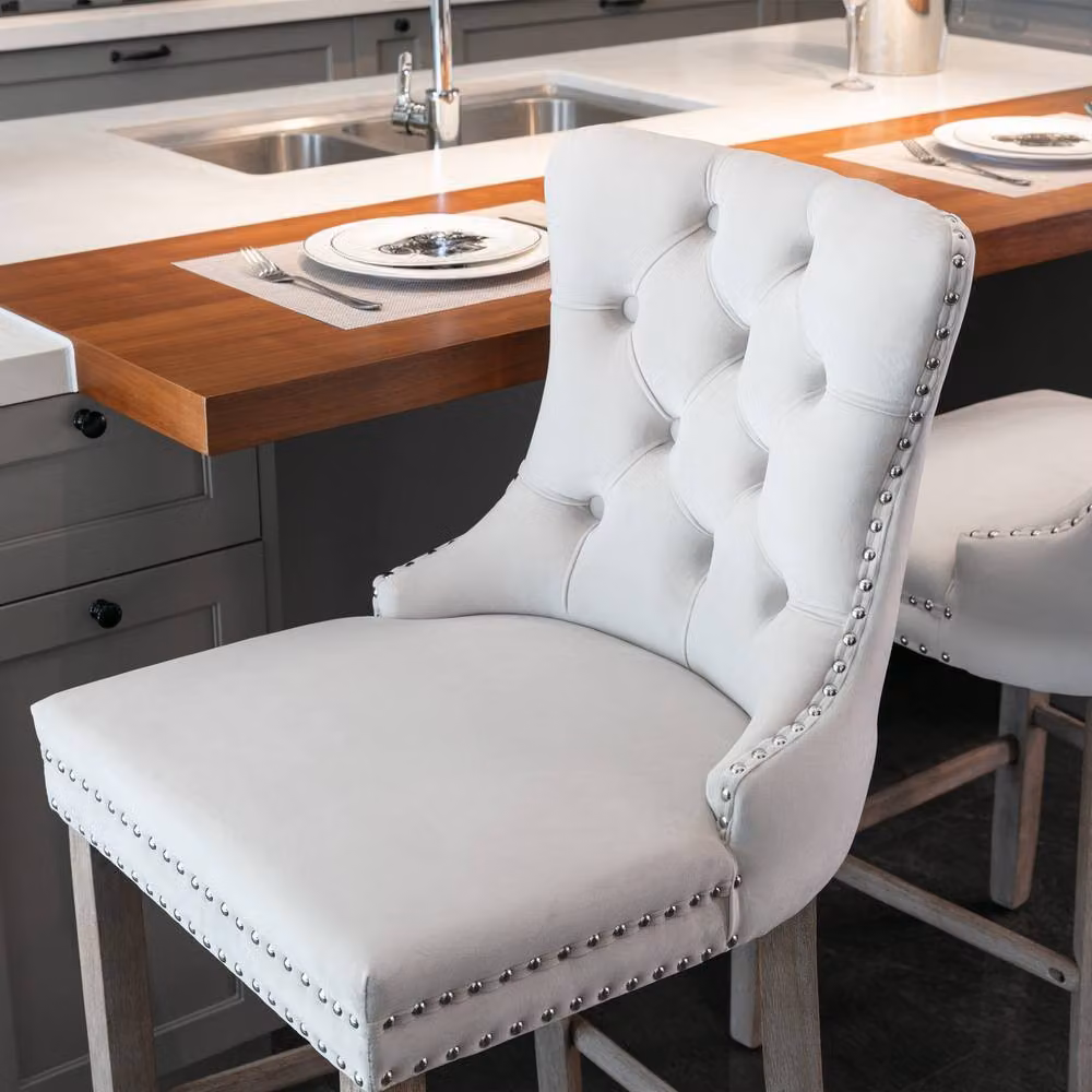 Modern Home Touch Romsey Set of 4 Beige Velvet Kitchen Breakfast Barstools with Oak Wood Legs and Knocker Ring Back – 3