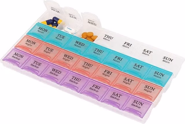 Neel Blue 7-Day Weekly AM/PM Pill Organiser with 28 Compartments in Blue and Multicolour, W/D/H: 12.1 x 11.7 x 12.1 cm