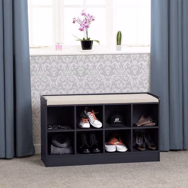 Seconique Portland Modern Fabric Shoe Bench in Blue and Cream