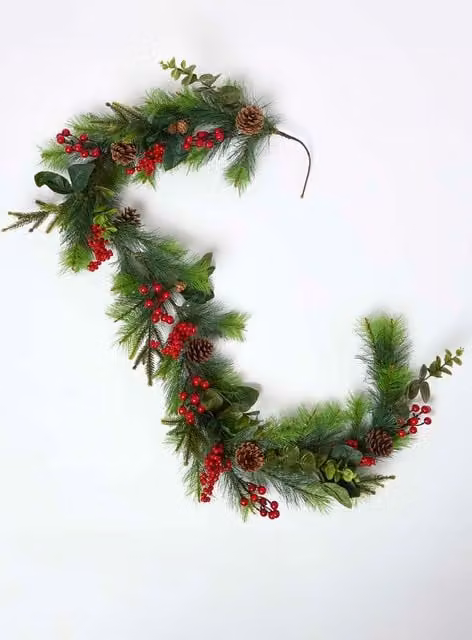Homescapes Artificial Winter Woodland and Eucalyptus Christmas Garland in Green, Red and Brown with Berries and Pinecones