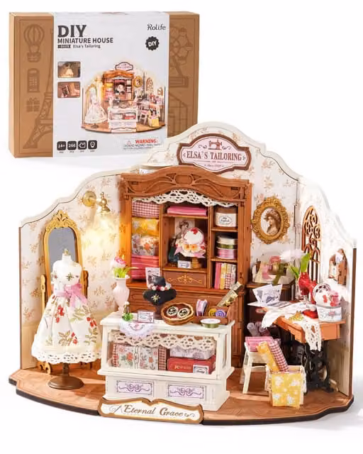 Syntego Victorian DIY Miniature Dollhouse Model Kit, Elsa's Tailoring Craft Studio in Brown, Gold, Pink and Multicolour, W/D/H: 26.6 x 17.5 x 16.5 cm
