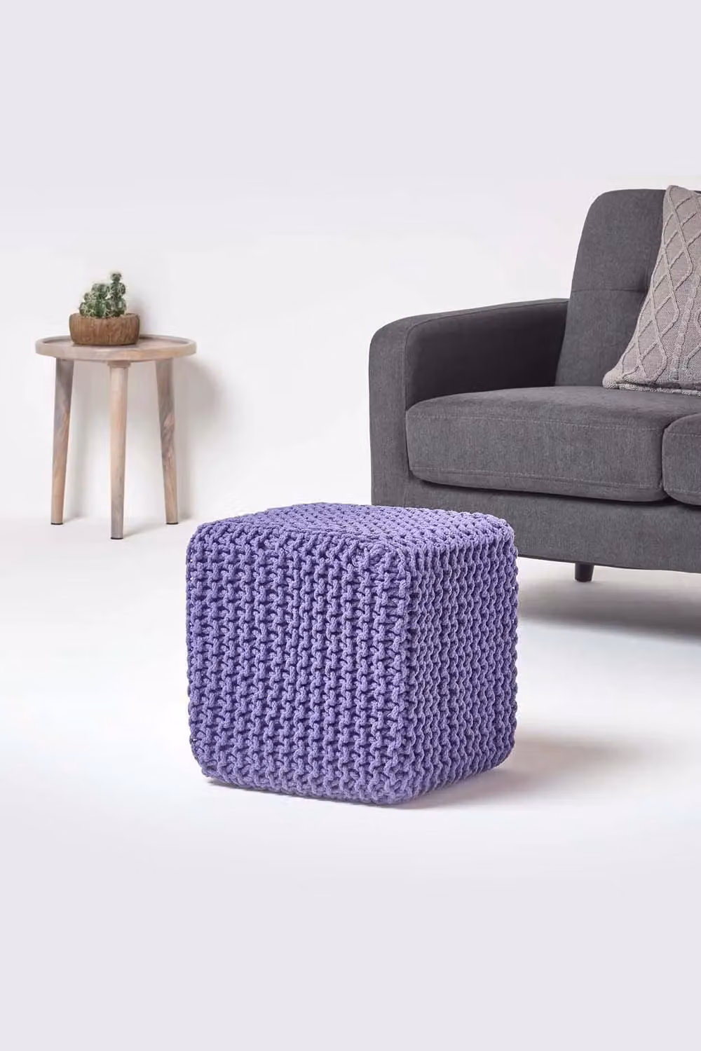 Homescapes Cube Cotton Knitted Pouffe Footstool in Purple – 2