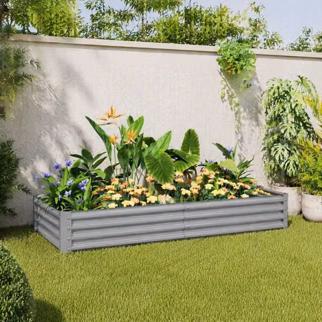 STILVORA Raised Planter in Silver Galvanised Steel, W/D/H: 180 x 90 x 30 cm