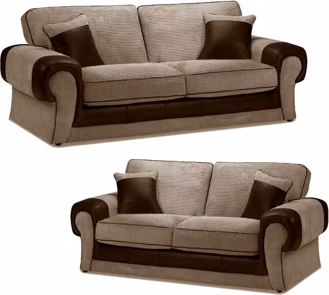 Furnishings For Less UK Portland Chesterfield Fabric Sofa Suite with Rolled Arms, 3 Seater and 2 Seater, Brown