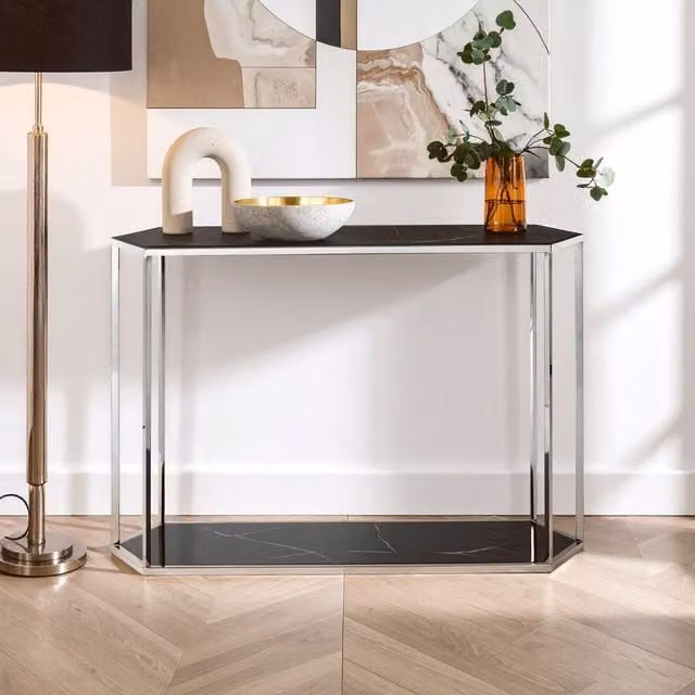 Premier Housewares Orsina Console Table with Black Marble Top and Silver Frame, W/D/H: 122 x 37 x 81 cm