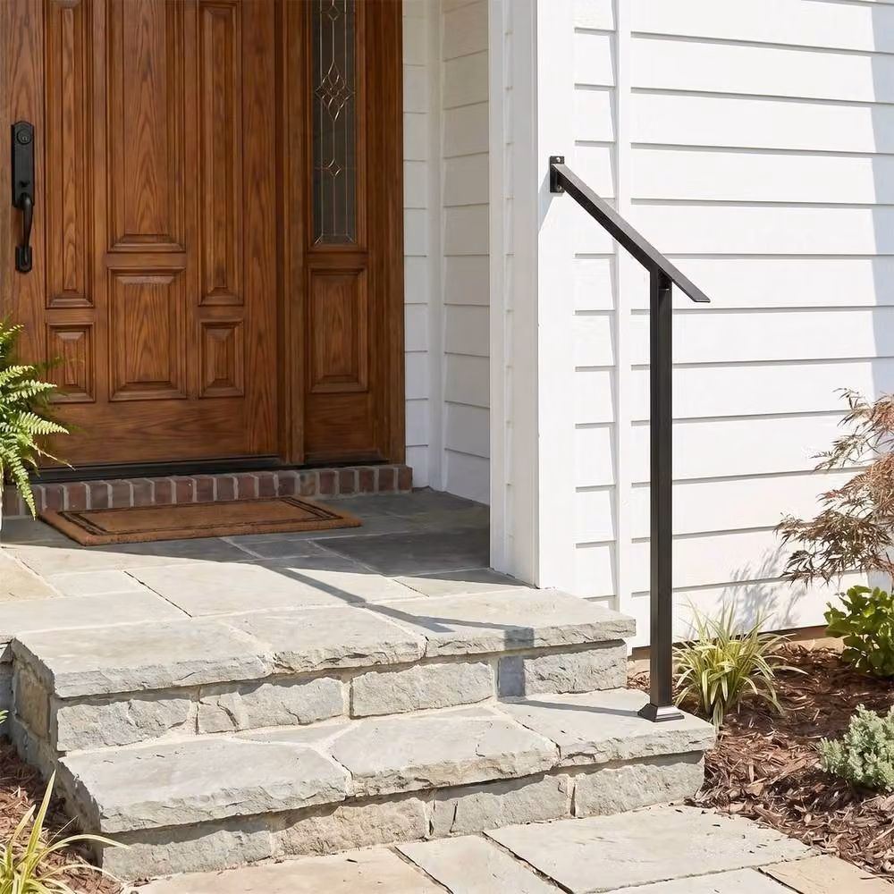 VOGREX 2-Step Outdoor Porch Handrail Kit with Adjustable Angle Armrest in Black Galvanised Steel – 4