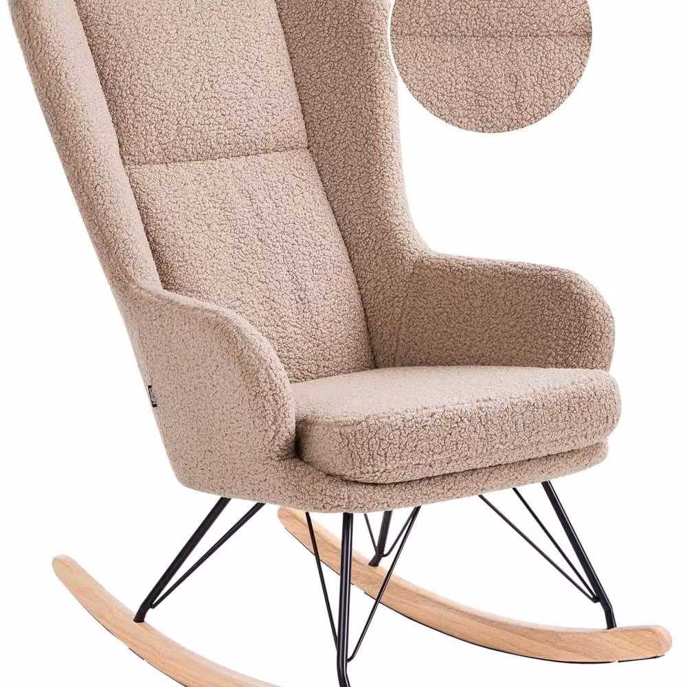 Wyld and Coco Beige Bouclé Rocking Armchair with Black Metal Legs and Armrests – 2