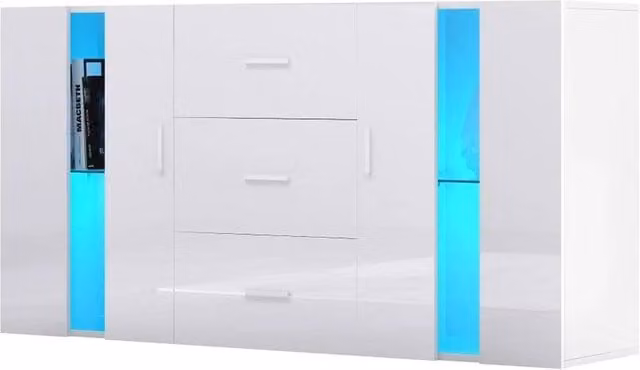 KORVIXA Modern White Wooden Sideboard and TV Stand with 2 Doors and 3 Drawers, W/D/H: 100 x 100 x 100 cm