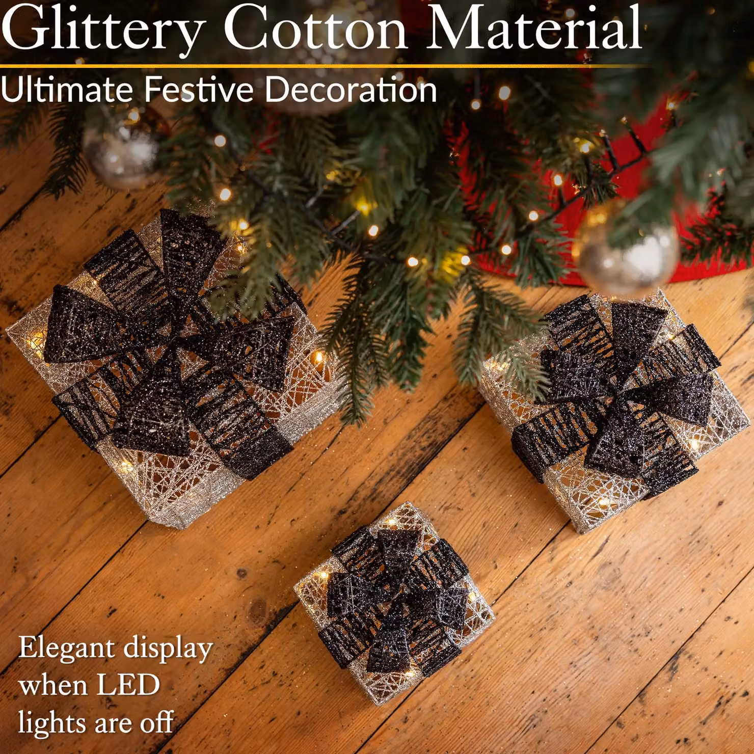 Christow Set of 3 LED Light Up Christmas Present Parcels in Black, Battery Operated with Timer – 2