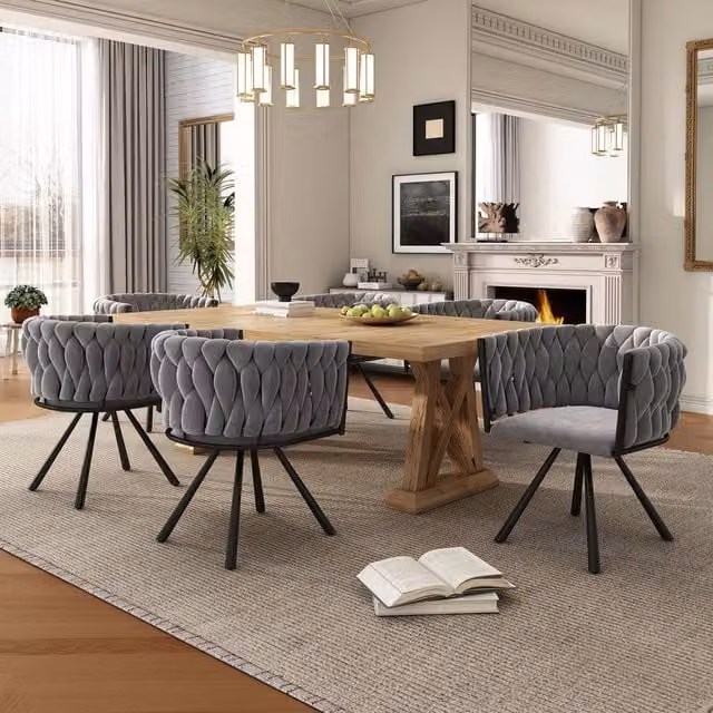 Rolipo Set of 6 Grey Velvet Swivel Dining Chairs with Metal Legs