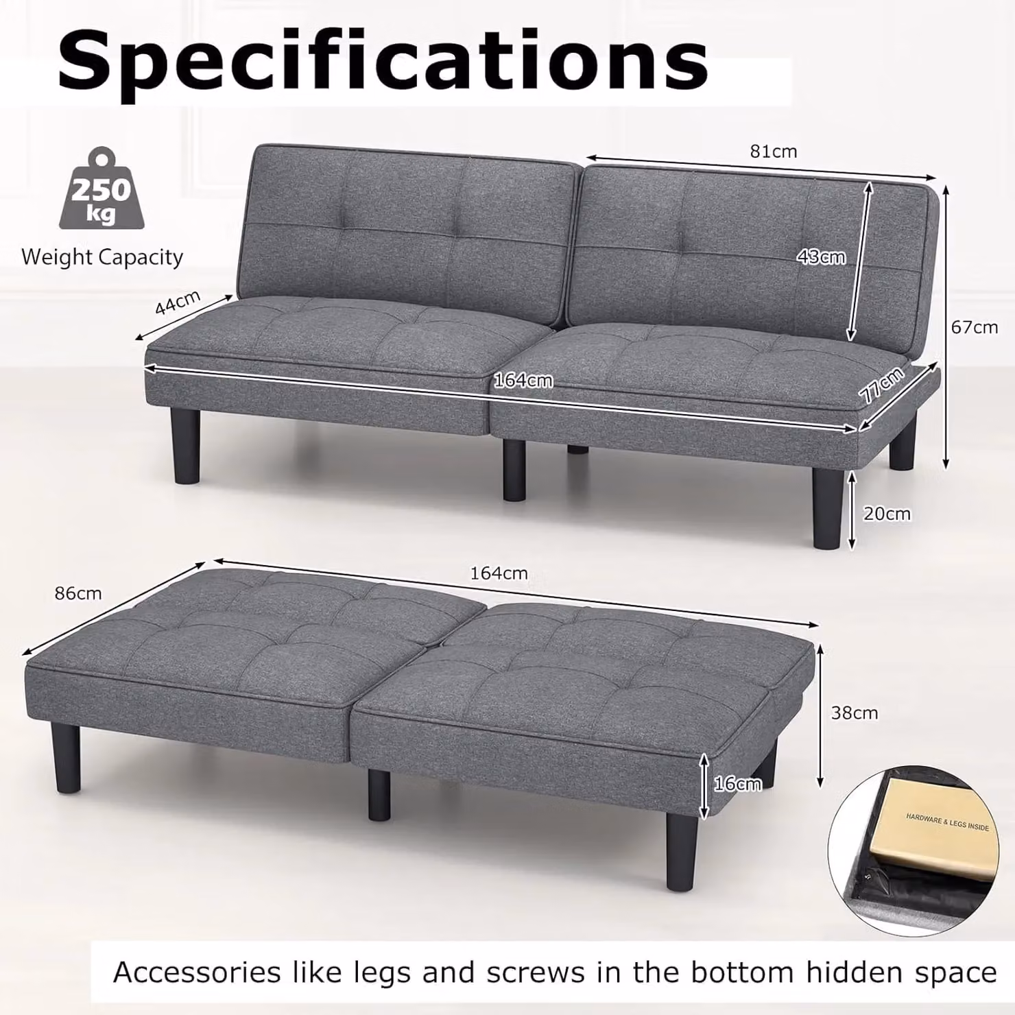 Gymax Modern Grey Linen Fabric Upholstered Convertible Futon Sofa Bed with Solid Wood Frame – 2