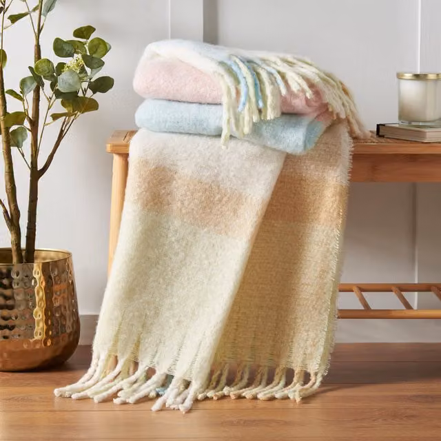 Catherine Lansfield Faux Mohair Checked Throw in Pink and Multicolour, W x D: 130 x 170 cm