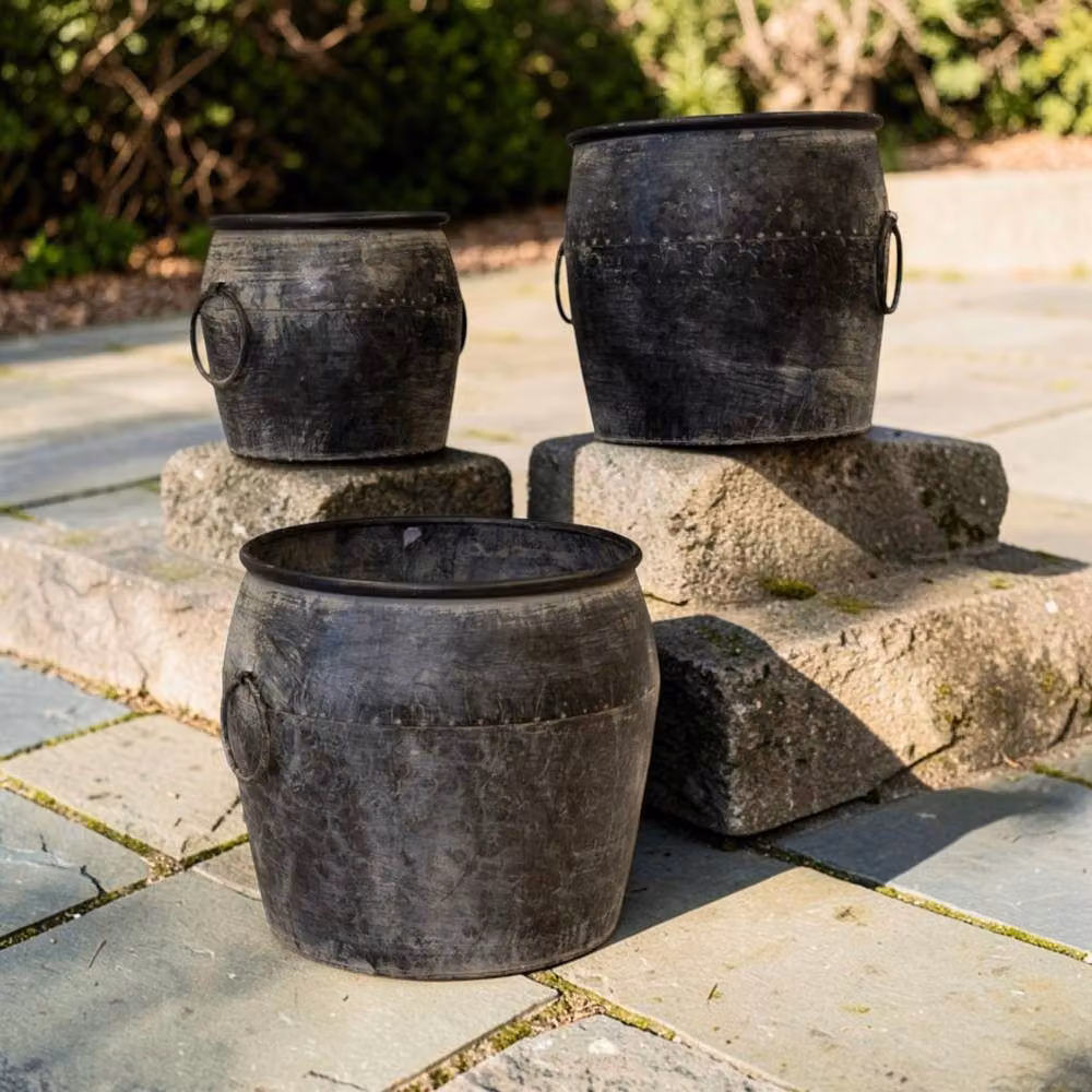 Four Candle Set of 3 Vintage Grey Metal Round Tub Planters – 2