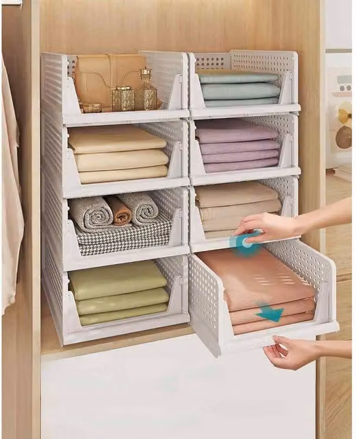 The Bazaarist Set of 8 Stackable White Plastic Wardrobe Storage Baskets