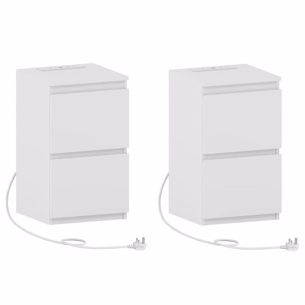 Vida Designs Denver 2 Drawer Bedside Chest with Power Outlet, Set of 2, White – 2