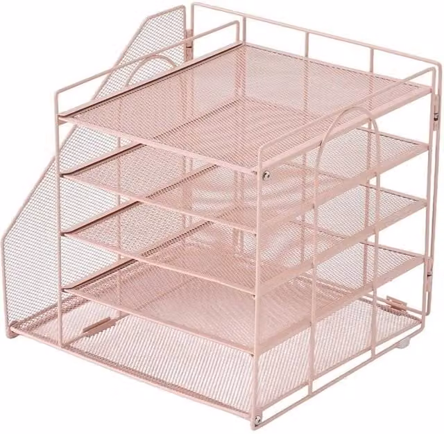 PAWNORA Pink Metal Office Desktop Document Organiser Letter Tray