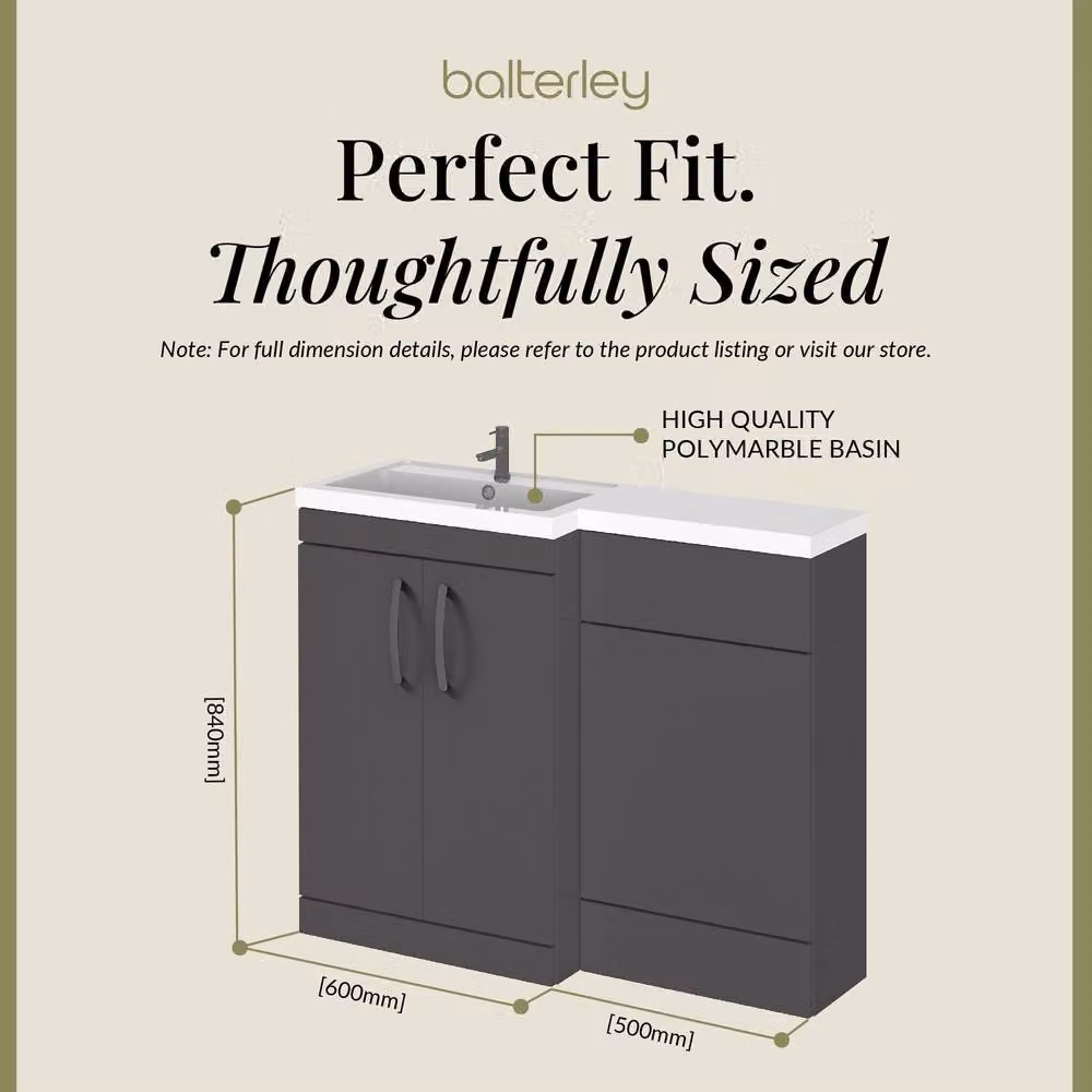 Balterley Modern Left-Hand Vanity and WC Unit Combination in Grey with Brushed Pewter Details, W: 110 cm, H: 84 cm – 4