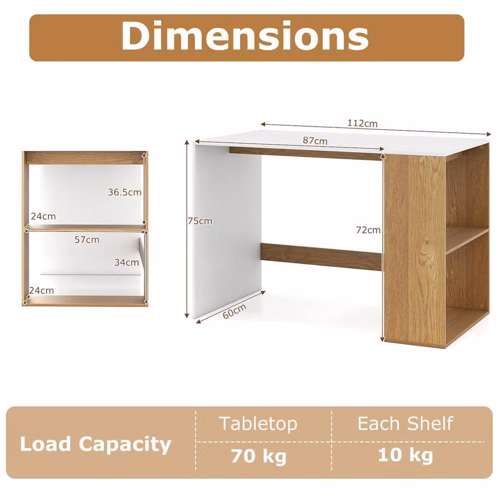 EONLION White Wooden Computer Desk with 2 Open Shelves, W: 100 cm, H: 75 cm – 2