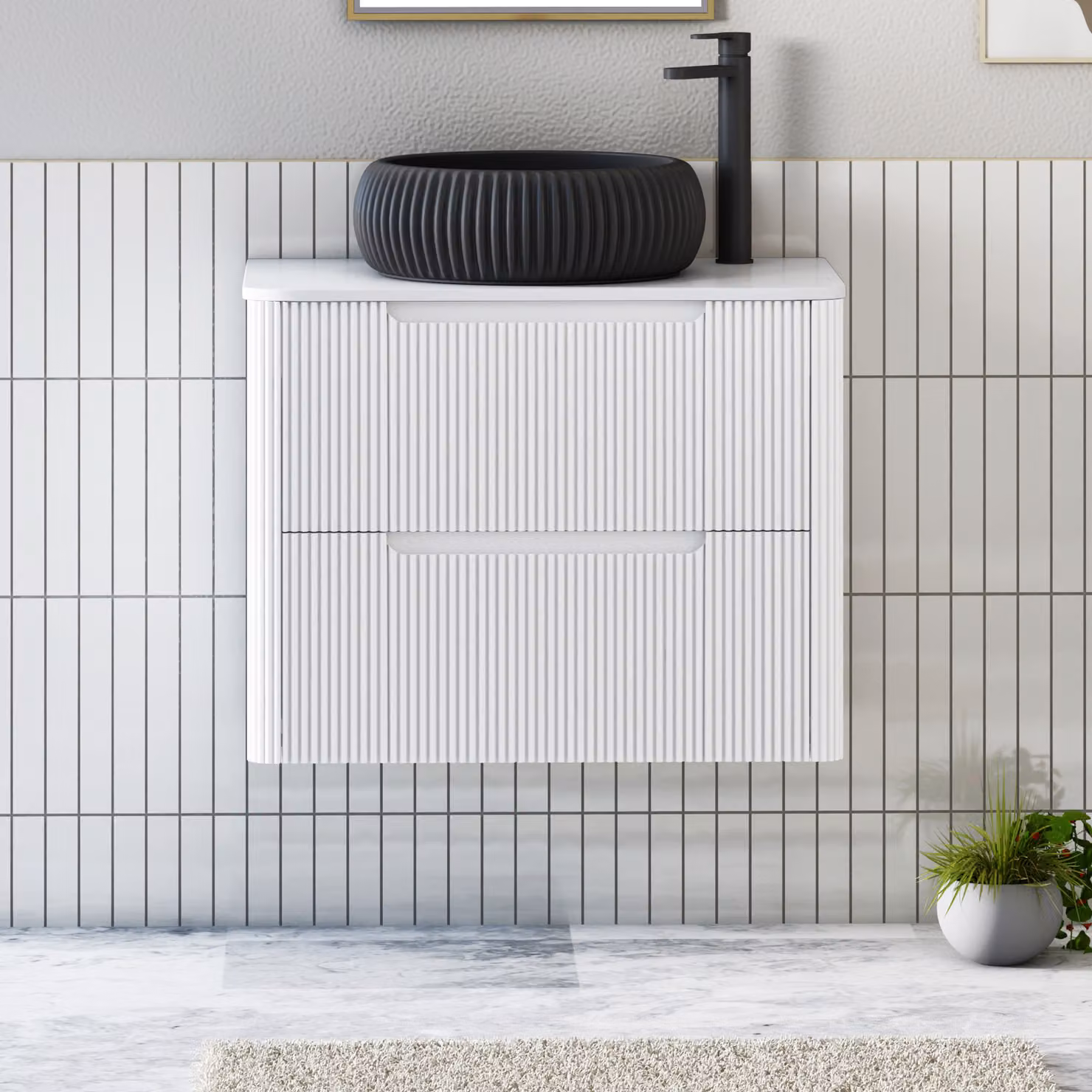 Royal Bathrooms Avenza Wall Hung Vanity Unit with 2 Drawers and Milan Black Basin, Matt White