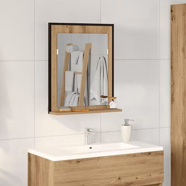 Berkfield Home Artisan Oak Rectangular Bathroom Wall Mirror in Brown, W/D/H: 50 x 12 x 60 cm – 1
