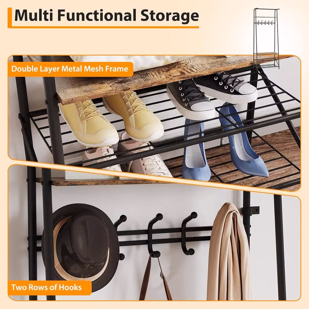London Boutique 4-in-1 Industrial Hall Tree with Shoe Storage Bench and 5 Hooks in Brown – 3