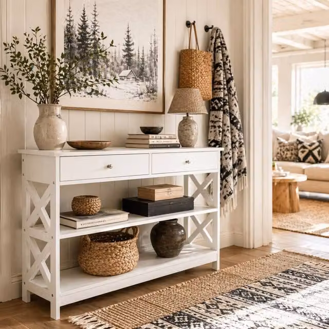 Wyld Haus Ralupa White MDF Console Table with X Frame, 2 Drawers and 2 Shelves, Width: 100 cm