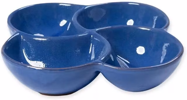 Verano Spanish Ceramics Selena Glazed Hand Dipped 4-Part Snack Dish, Blue, Diameter: 25 cm, Height: 5 cm