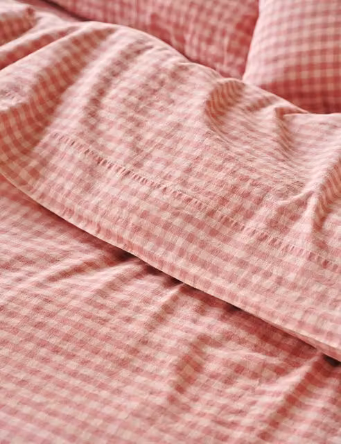 Piglet In Bed Pink Gingham Linen Rich Checked Flat Sheet W/D: 180 x 200 cm