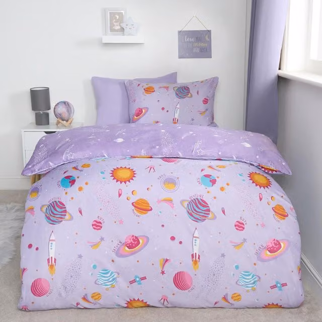 OHS Reversible Stars Childrens Duvet Cover Set, Purple and White, W: 140 cm, L: 200 cm