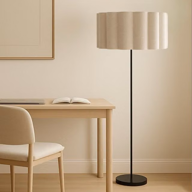 CGC Lighting Lena Matt Black Straight Floor Lamp with Large Scalloped Fabric Lampshade in Beige