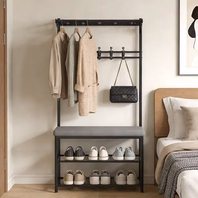 KORVIXA Black and Grey Hall Tree with Bench and Dual Hook and Rail Matrix