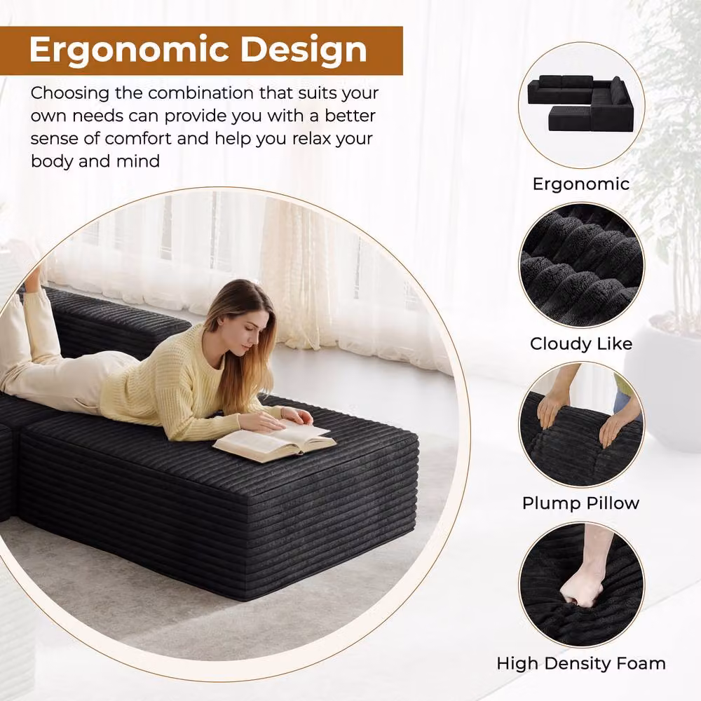 Dprodo Black Corduroy Modular L-Shape Sofa with Matching Ottoman and Removable Covers – 4