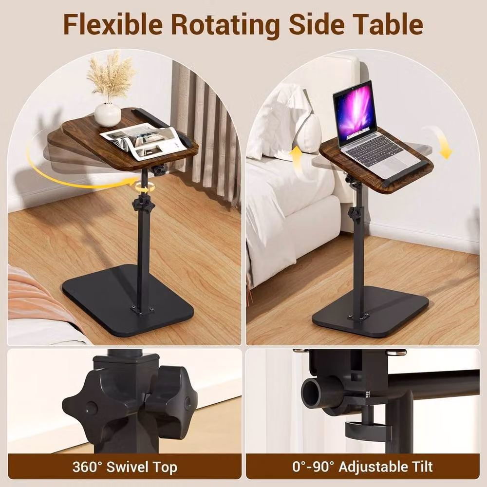 FLAVORA Walnut C Shaped Side Table with 360 Degree Swivel and Height Adjustable Tilting Top in Brown – 3