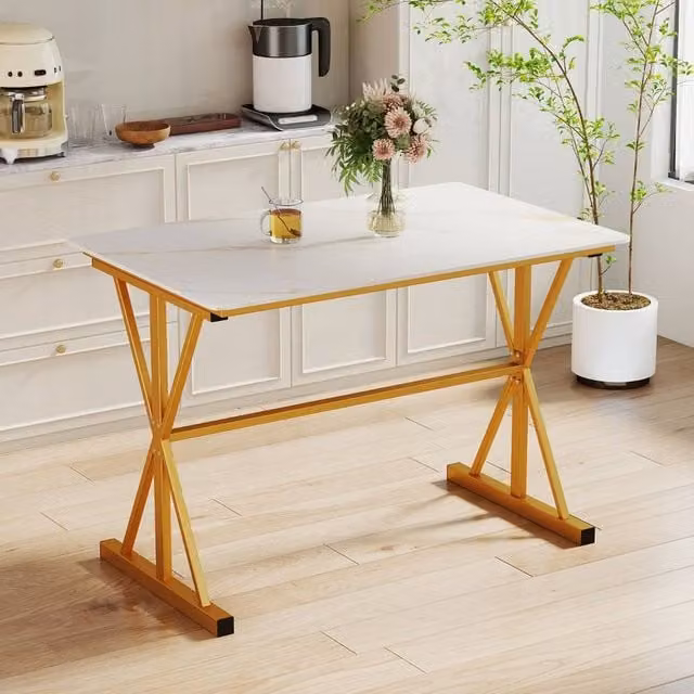 Costway Modern Rectangular Sintered Stone Dining Table in White and Gold – 1