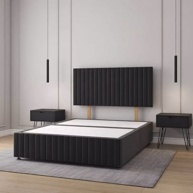 Regional Furnishings Plush Velvet Upholstered Divan Bed Base with 24 inch Headboard in Black, Small Double, W/D/H: 120 x 200 cm