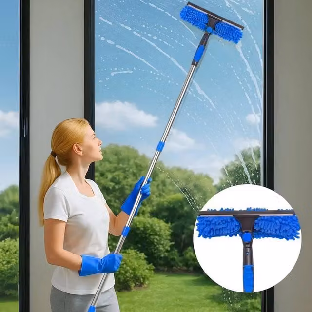 KORVIXA Blue Telescopic Window Glass Cleaning Squeegee and Scraper with Microfibre and Rubber
