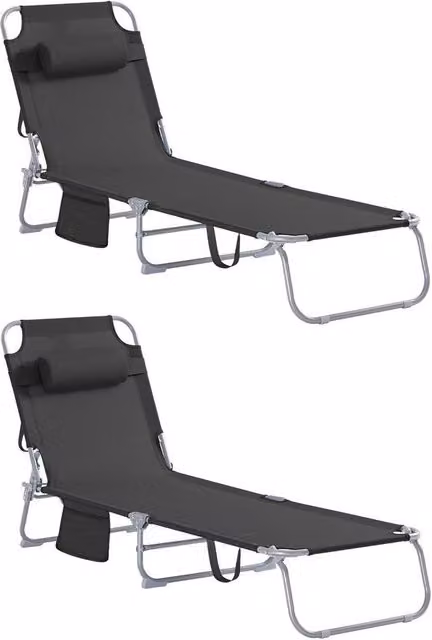 SoBuy Set of 2 Black Foldable Sun Loungers with Adjustable Headrests and Powder Coated Steel Frame