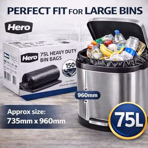 Hero Heavy Duty Recycled Black Bin Bags, 75L, Pack of 150 – 5