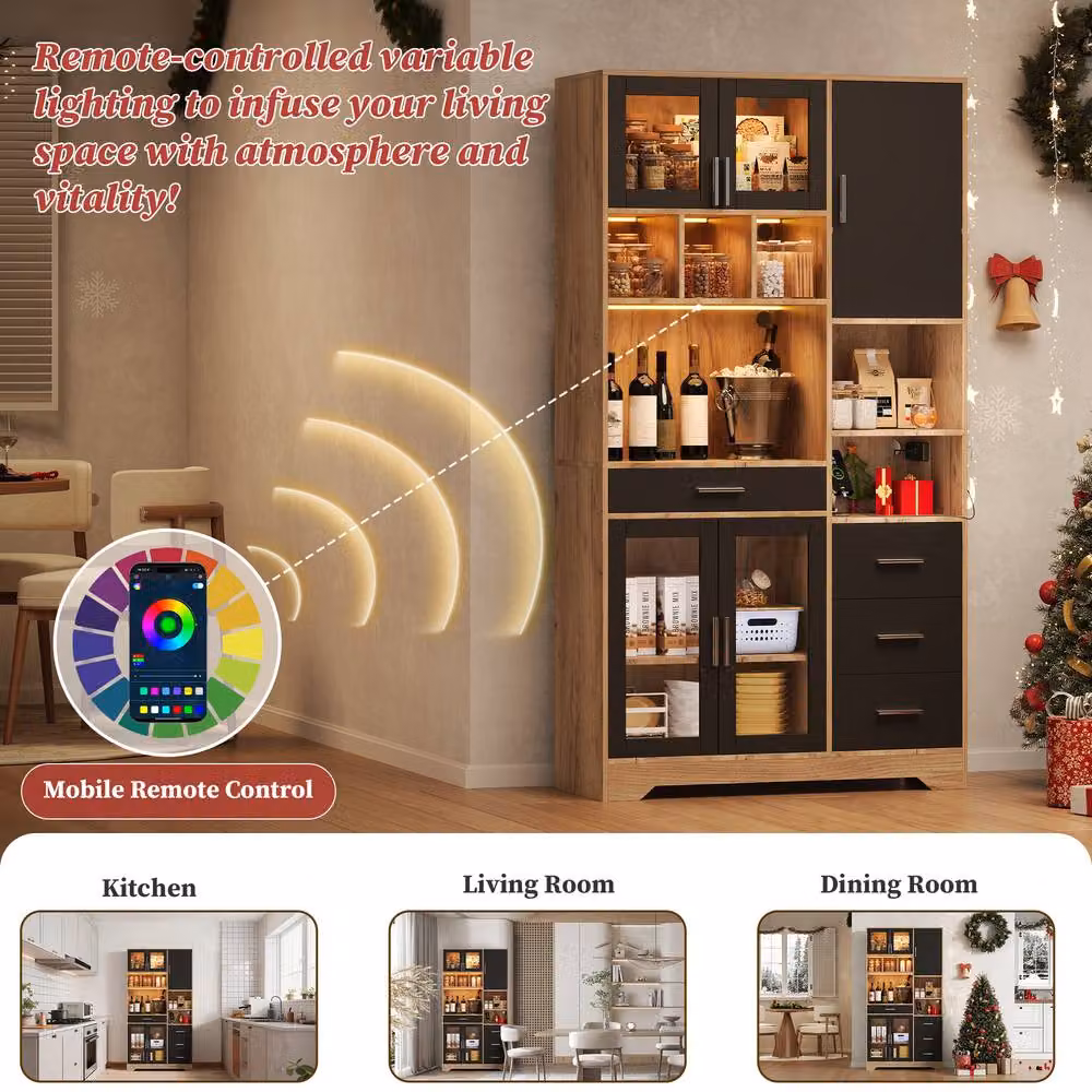 Merax Tall Kitchen Dresser in Black with Glass Doors, Integrated LED Lighting and Power Outlet, Height: 100 cm – 4