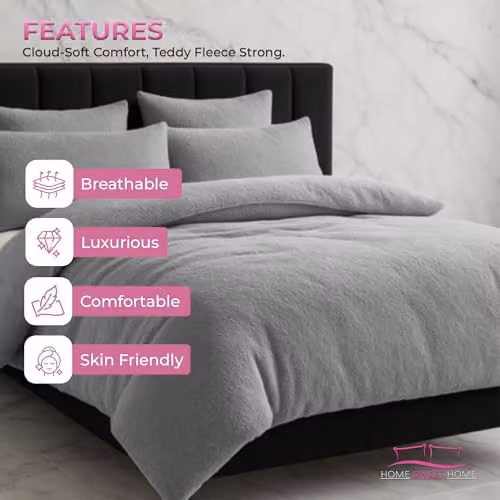 Home Sweet Home UK Teddy Bear Fleece Duvet Cover and Pillowcase Set in Silver – 5